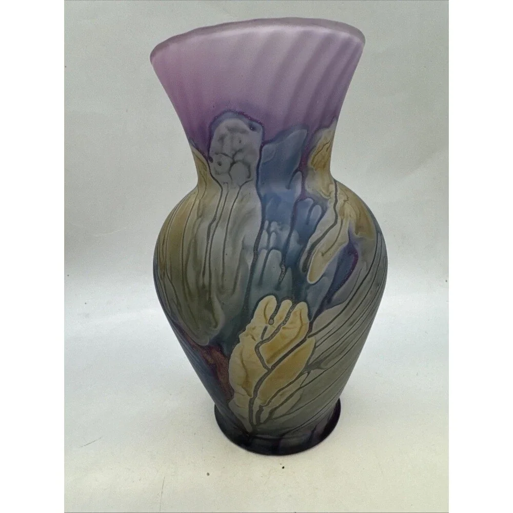 Rueven Nouveau Art Glass Frosted Hand Watercolor Painted Glass Vase Satin Matte